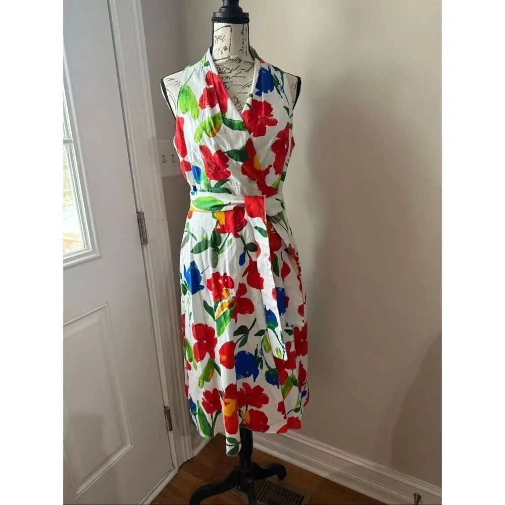 London Times Women's Poppy Floral Halter Wrap Sleeveless Midi Dress White Red 6